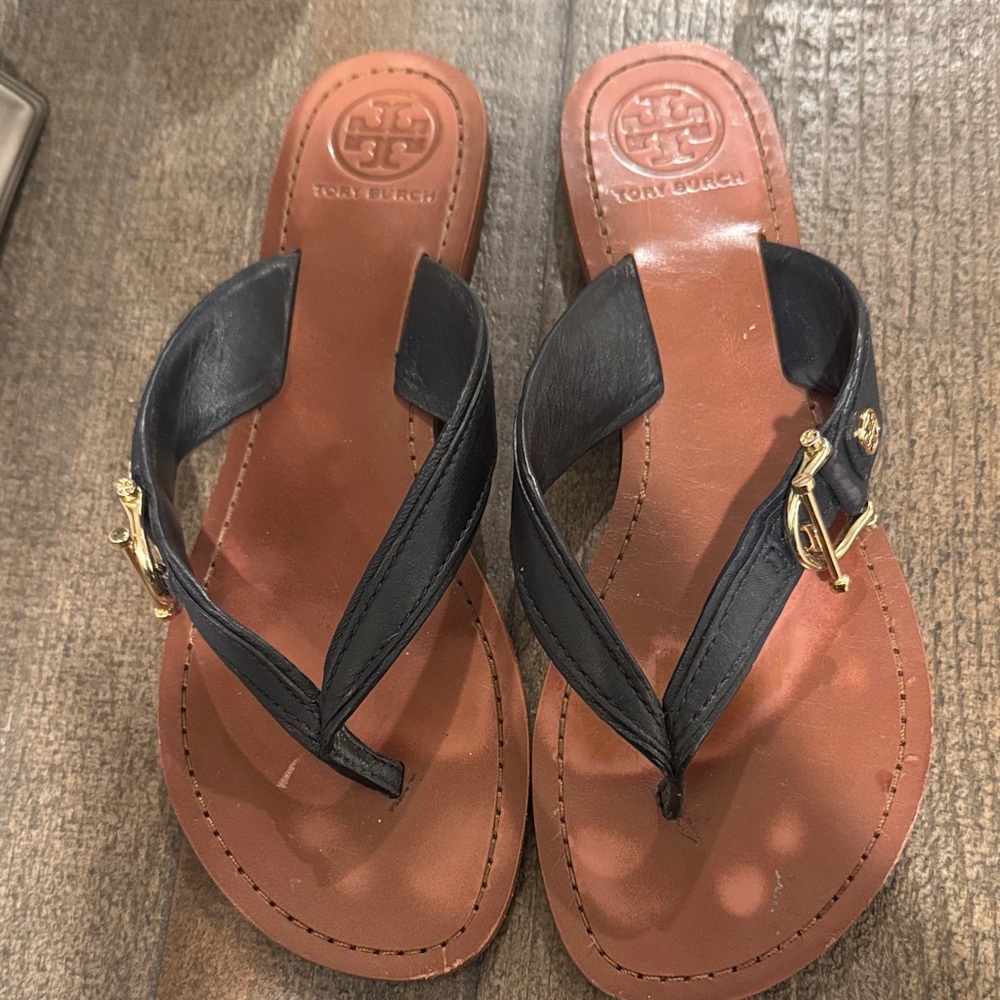 Tory Burch Black and Brown Leather Flip Flops